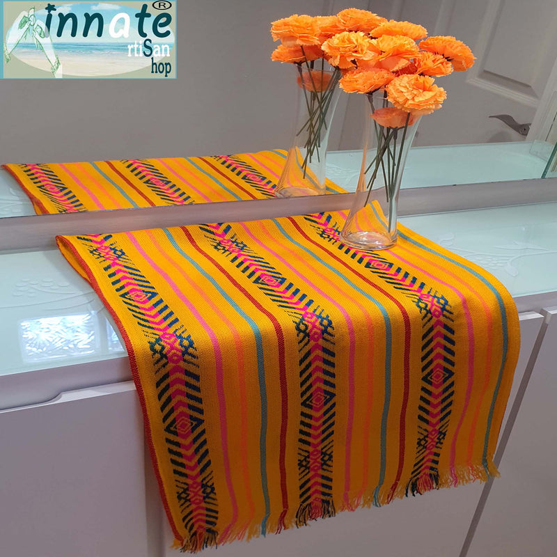 Mexican table runners, marigold, mustard, woven, cambaya fabric, artisan, custom, Aztec, Mayan