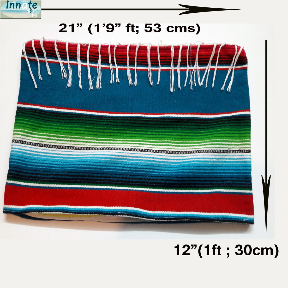 Colorful striped fabric with dimensions labeled on a white background