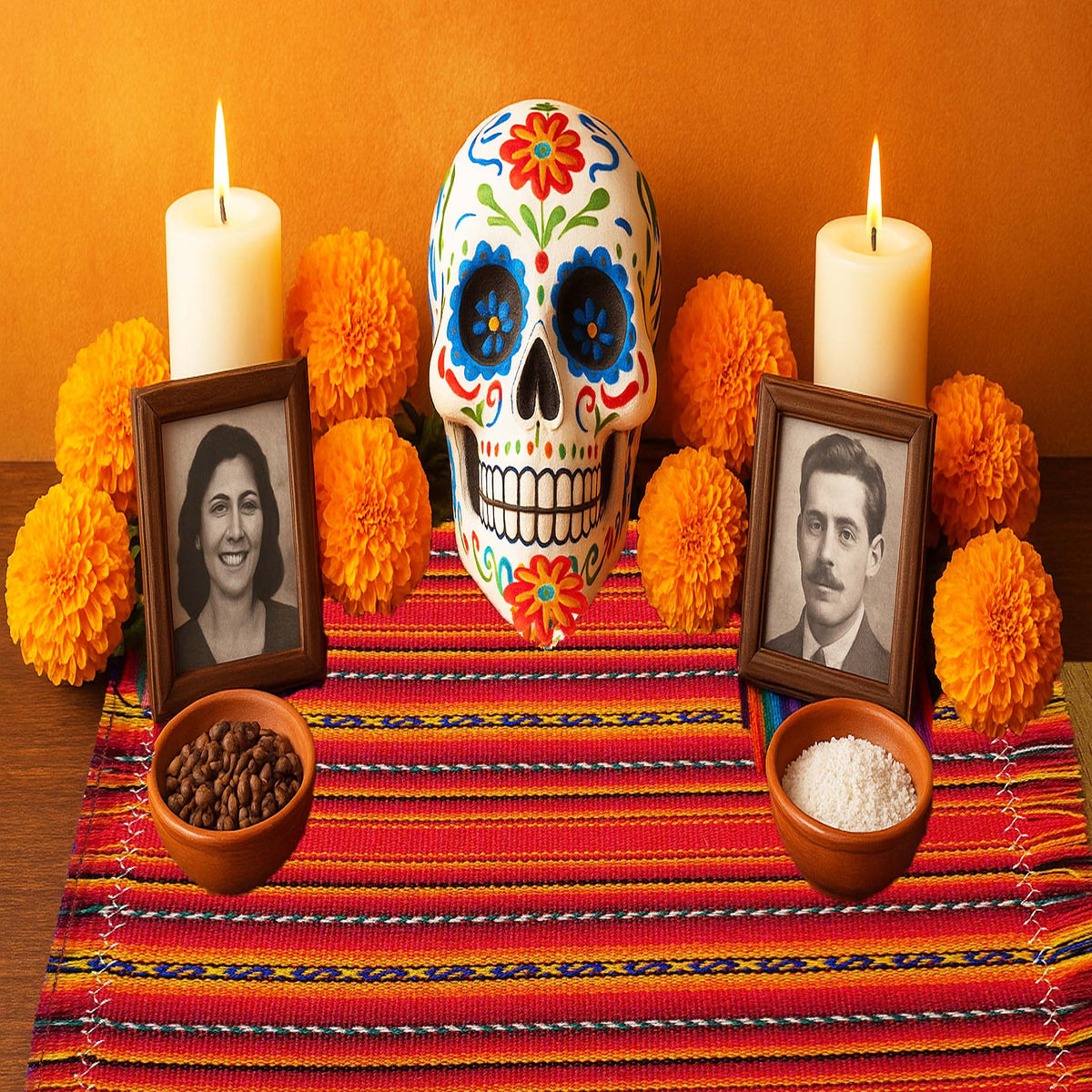 Decorative setup with a colorful skull, candles, marigolds, and portraits on a striped cloth.