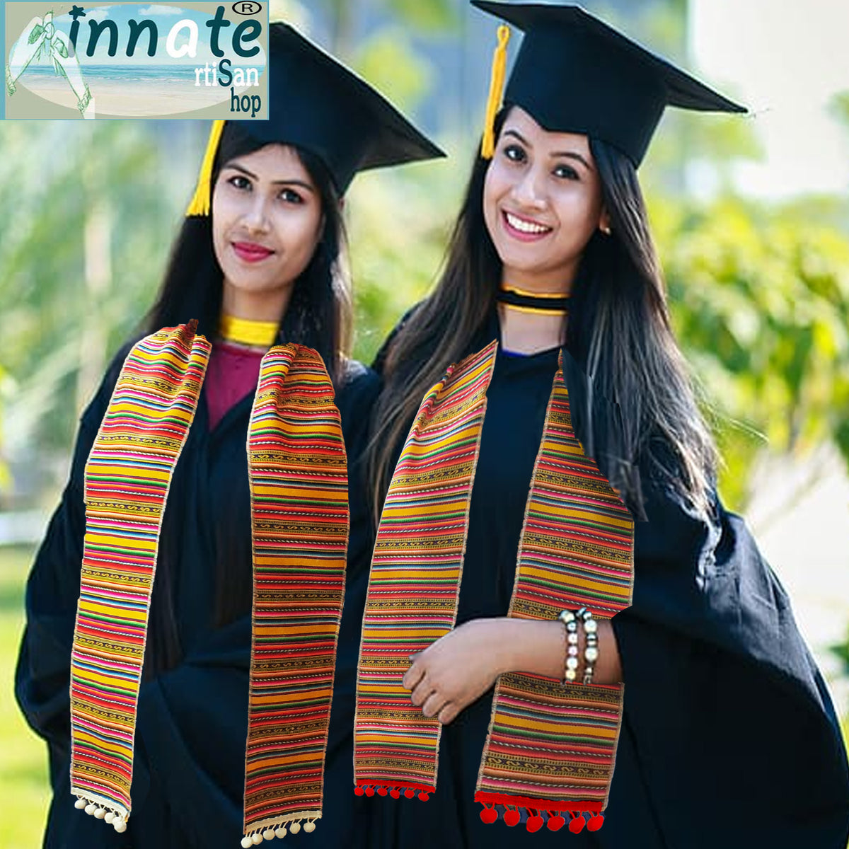 Graduation Andean stoles, pompom edges, authentic aguayo, Perú, Bolivia, Venezuela, Argentina, Colombia, Chile, Ecuador, aguayo stole, graduation 2024, estola para graduación, Andina, latina