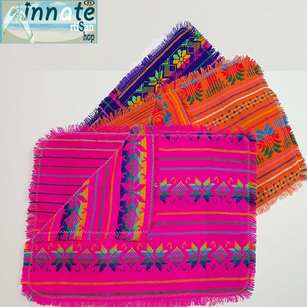 Mexican, placements, placemats, cambaya, woven, Aztec, Mayan, fuchsia, burnt orange, purple, loom, artisan