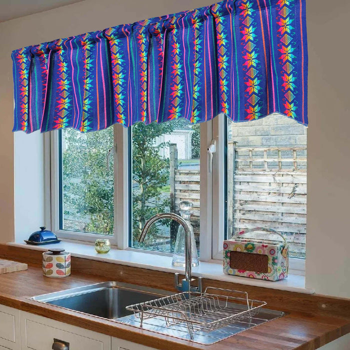 royal blue curtains, cafe curtain, woven, Mexican, Aztec, kitchen, valance, custom