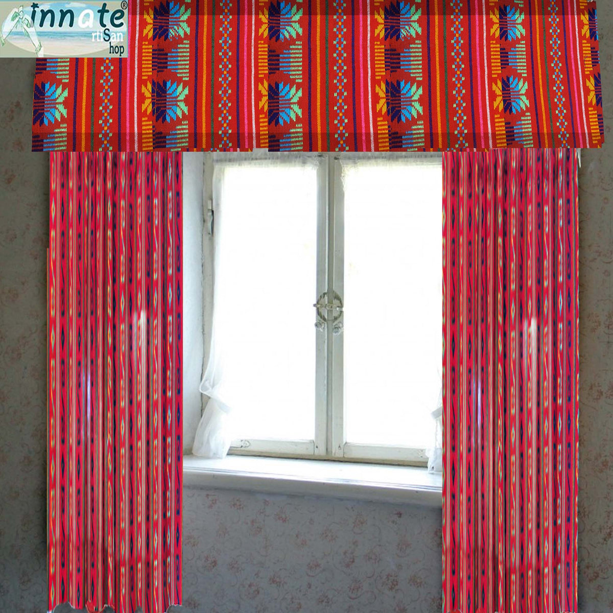 Mexican, valance, kitchen curtains, cafe curtain, red, woven, aztec, cortinas mexicanas, rojas, cambaya