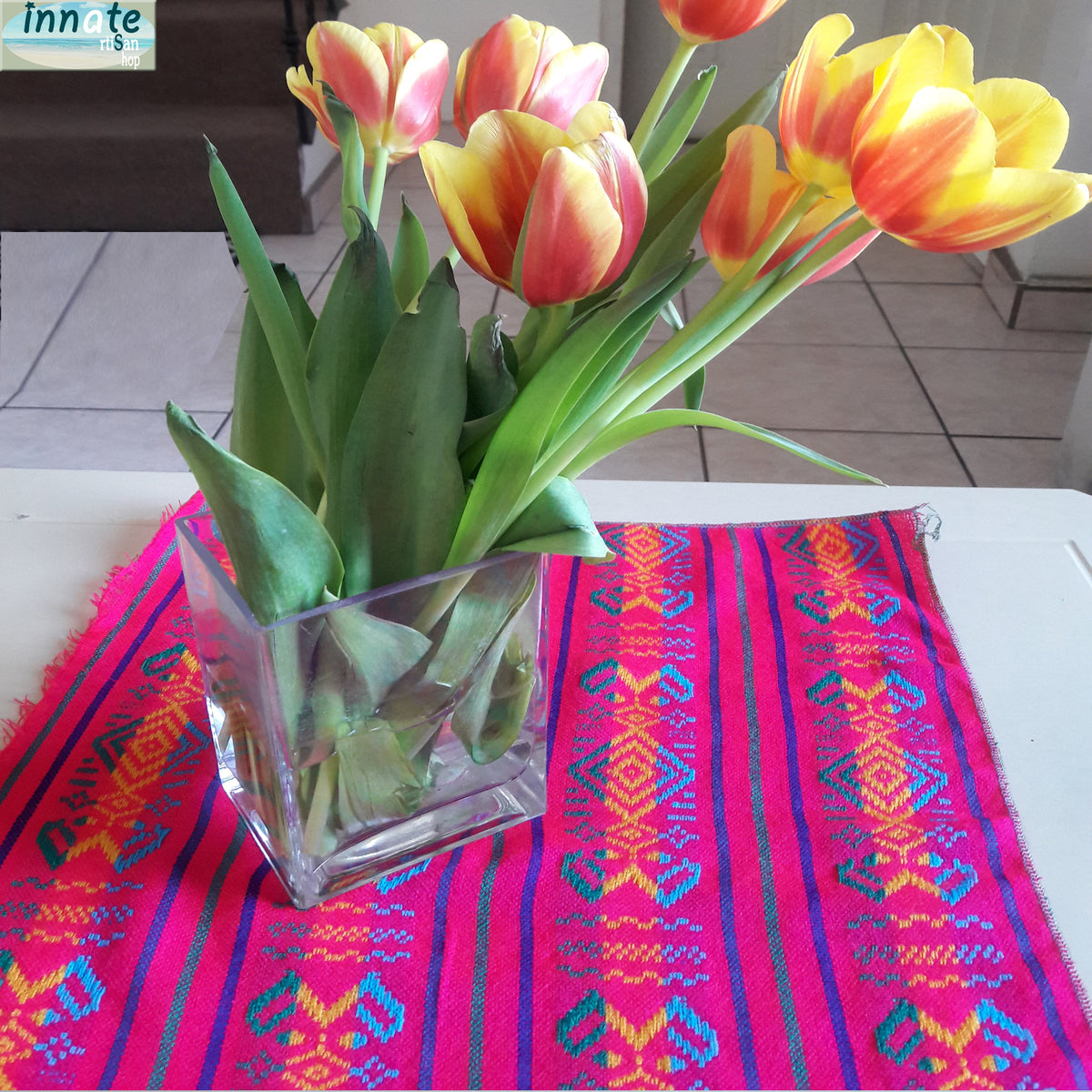 mantel Mexicano, Mexican tablecloth, camino de mesa, table runner, pink, woven, cambaya, aztec, mayan, fuchsia, fucsia, hot pink, rosa mexicano