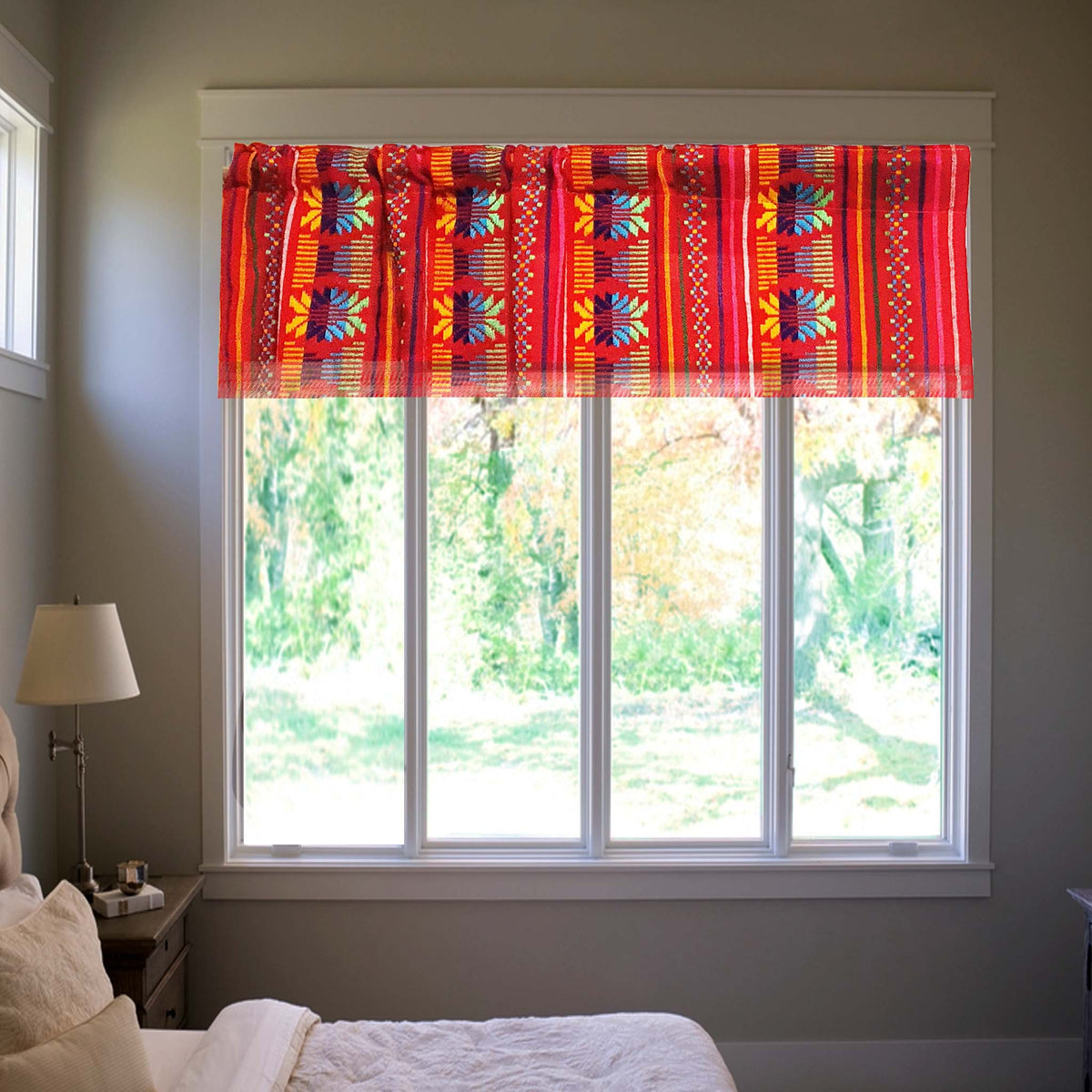 Mexican, valance, kitchen curtains, cafe curtain, red, woven, aztec, cortinas mexicanas, rojas, cambaya