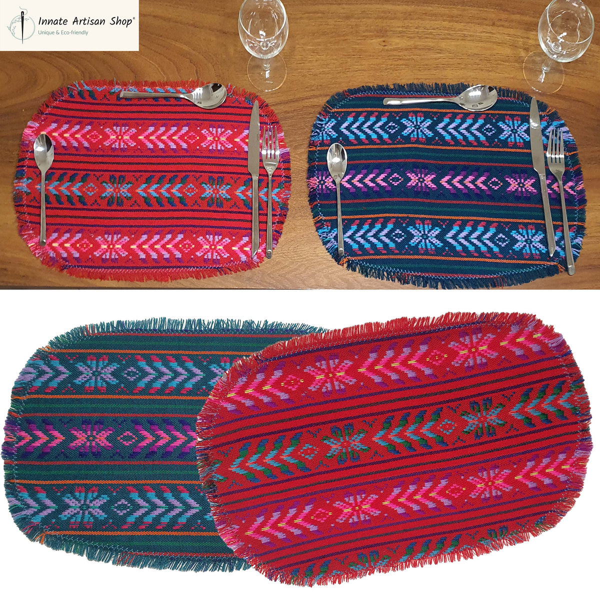Colorful woven placemats with cutlery on a wooden table.