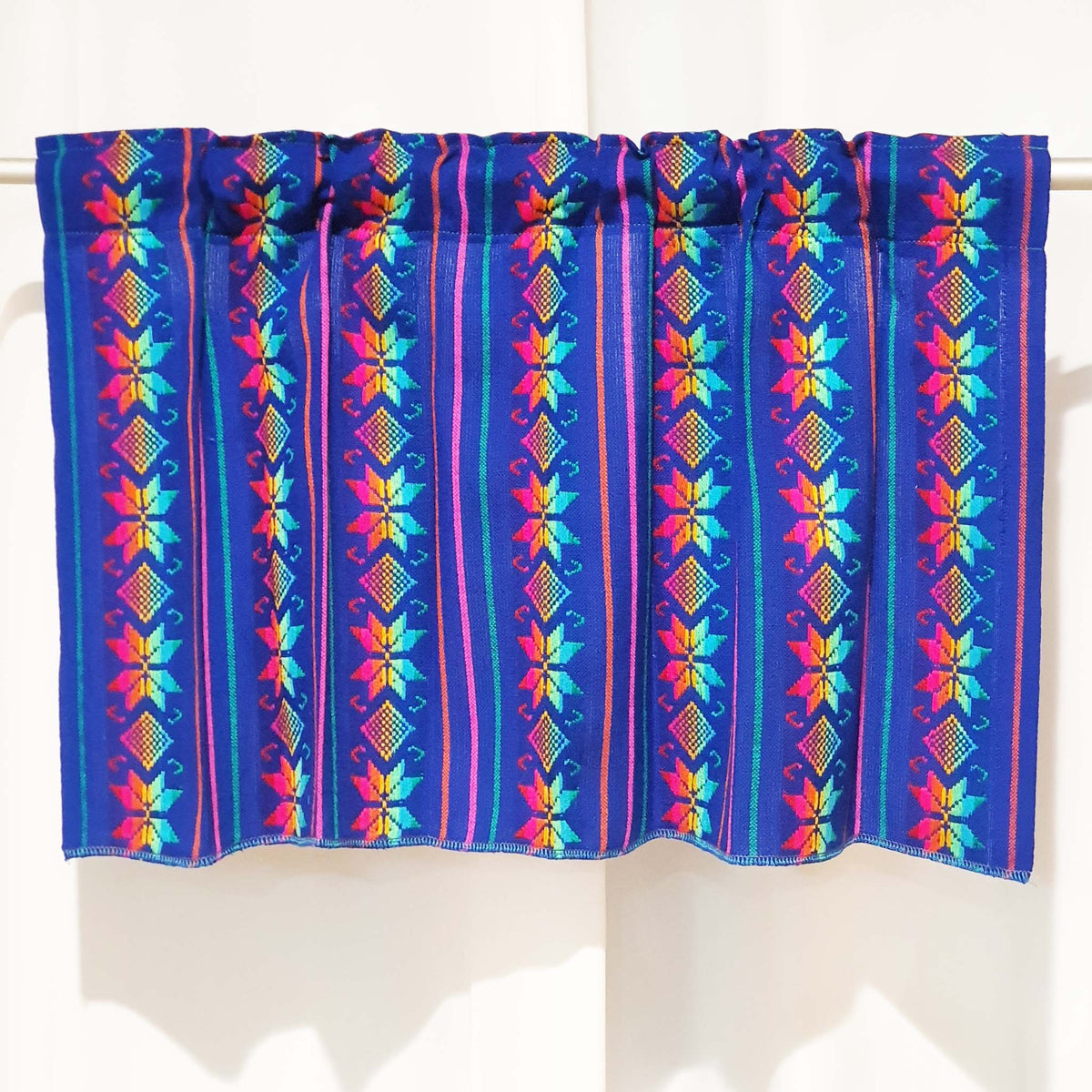 royal blue curtains, cafe curtain, woven, Mexican, Aztec, kitchen, valance, custom