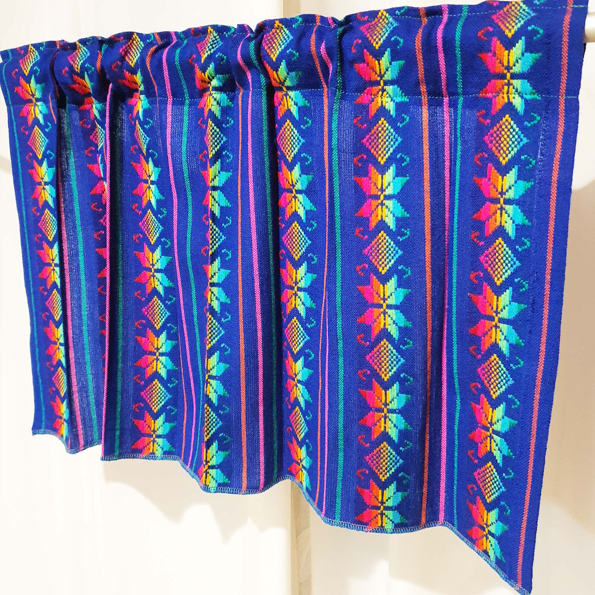royal blue curtains, cafe curtain, woven, Mexican, Aztec, kitchen, valance, custom