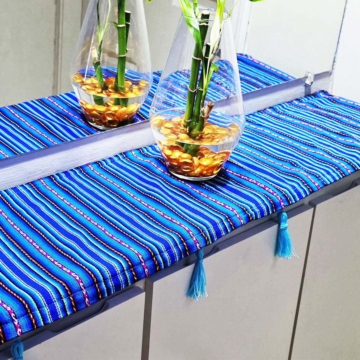 Tasseled entryway, foyer, table runner, royal blue, woven