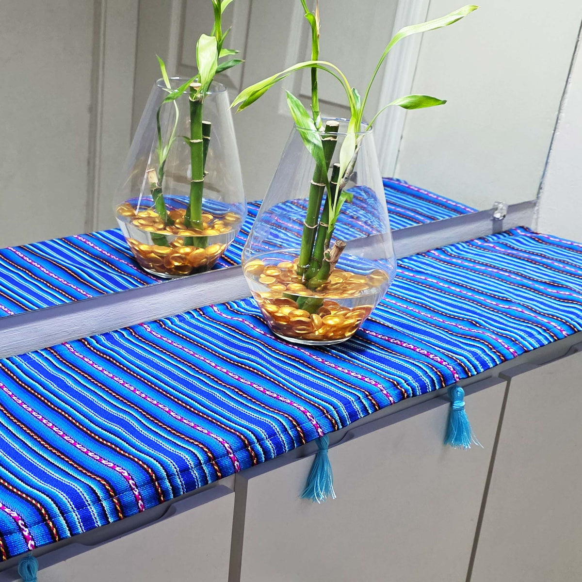Tasseled entryway, foyer, table runner, royal blue, woven