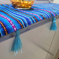 Tasseled entryway, foyer, table runner, royal blue, woven