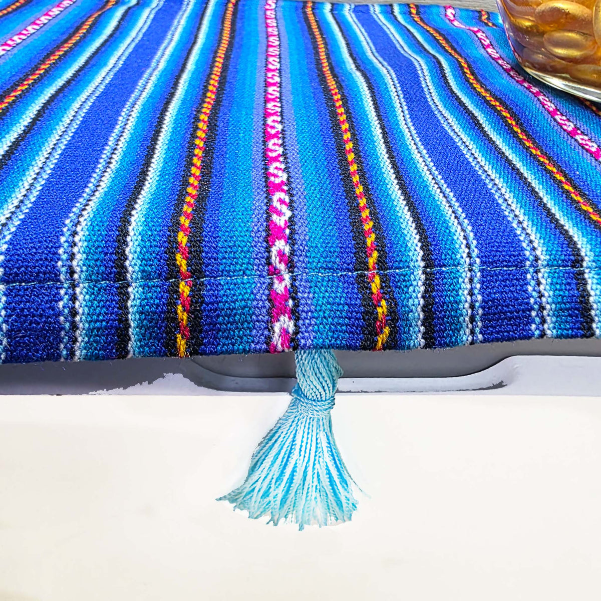 Tasseled entryway, foyer, table runner, royal blue, woven