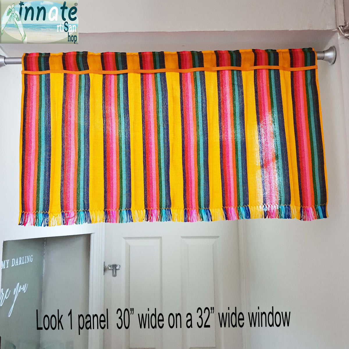 Mexican, kitchen curtains, valance, custom, woven, cambaya, Mexican cafe curtains, Mexican window panels, yellow, mustard, rainbow