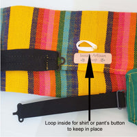 pleated, cummerbund, faja, smoking, tuxedo, bow tie, Mexican, serape, yellow, mango, rainbow, artisan, adjustable, woven, sarape
