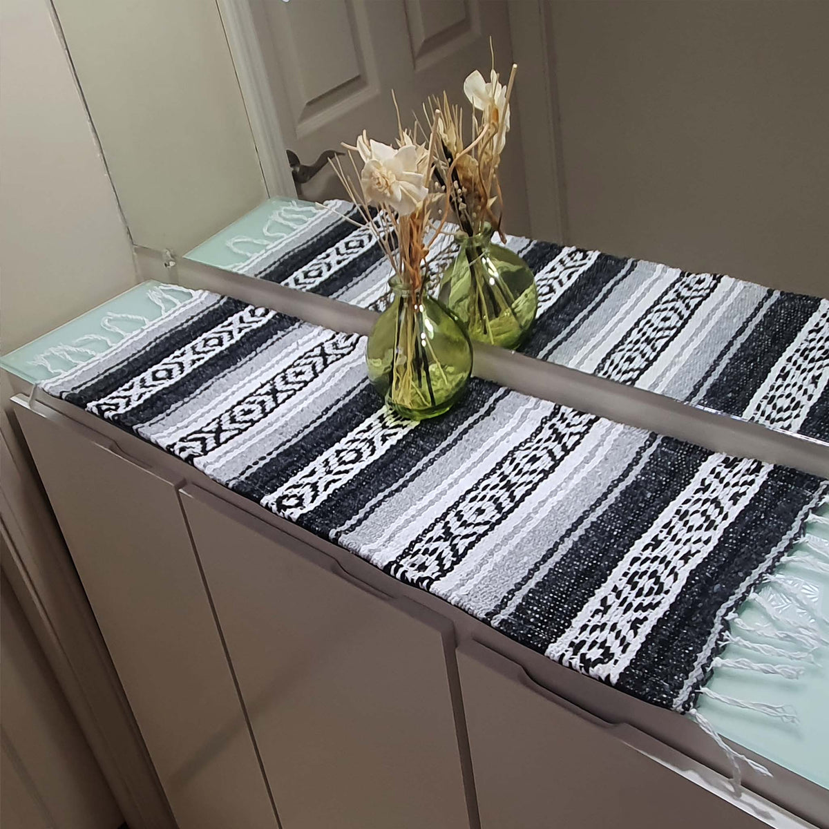 Blanket ,farmhouse table topper, rustic, Mexican, boho, centerpiece, ethnic, artisan, black gray, mini, small, over a credenza