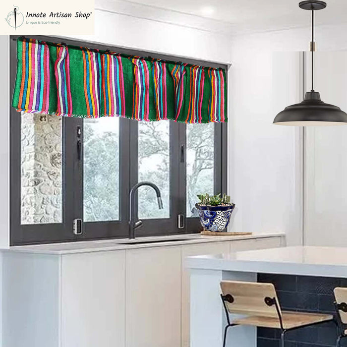 Mexican valance, curtains, panel, cafe curtains, tier, curtain, fiesta, green, striped, woven, cortinas, Mexicanas, verdes, cambaya, cocina