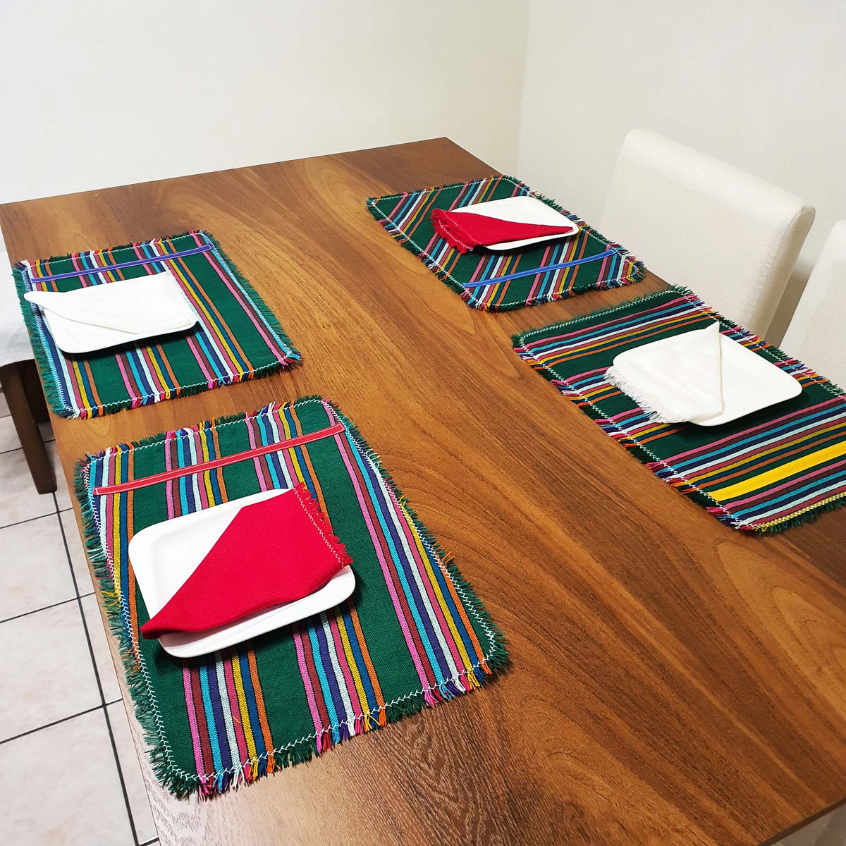 placemats, Mexican, green striped, artisan, set of 4