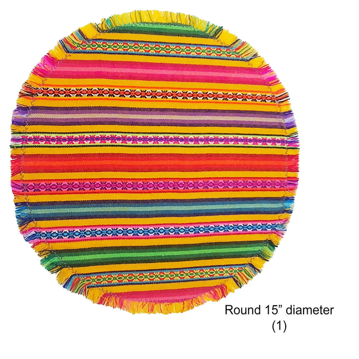 Clearance, on sale, Andean, Placemats, Inca, Peruvian, non-skid, non-slip, anti-skid, fabric, washable, round, mango, marigold, yellow, orange, fringed