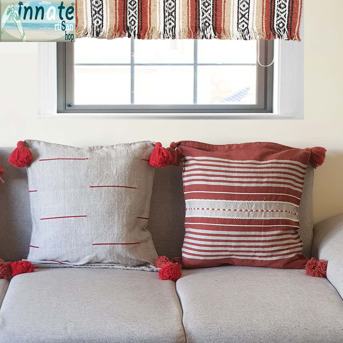 throw pillows, cover, Mexican, pedal loom, terracotta, gray, red, tassels, pom poms, loom made, artisan, washable