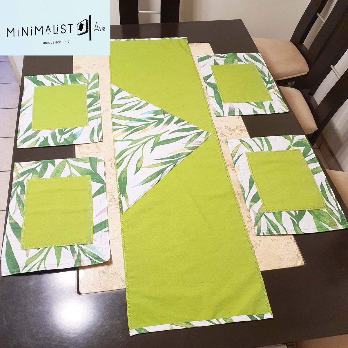 Table runner Lemon Set, stylish, unique design, nature print, leaves print, sage, placemats set, minimalist, minimalistave.com, custom table runners, custom placemats