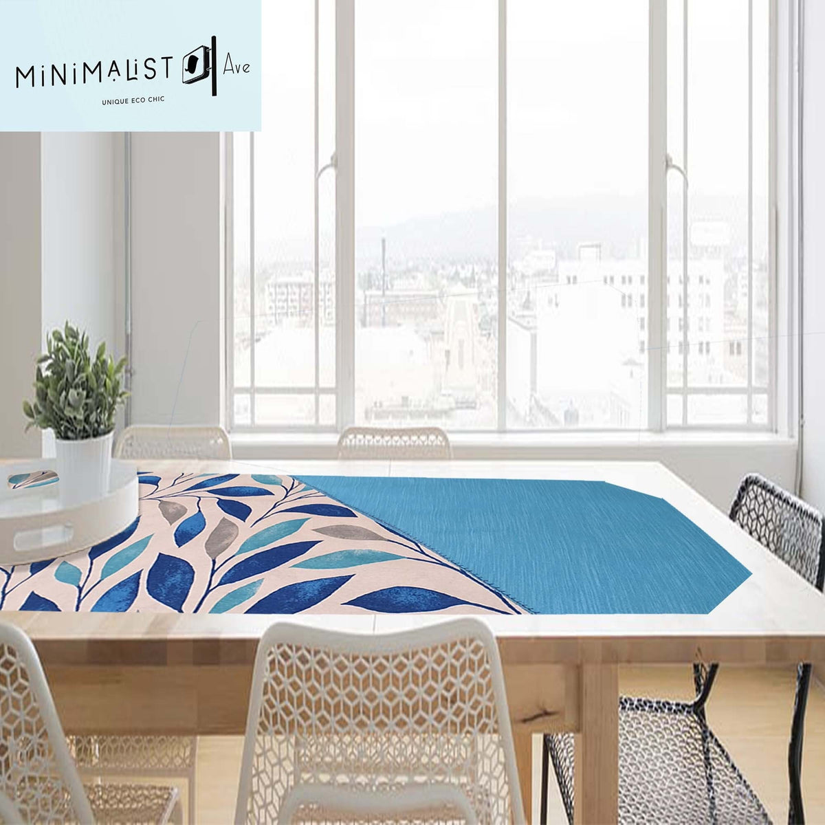 Reversible table runner, stylish unique design, nature print, royal turquoise tones. 4.5 ft long, turquoise, leaves print, minimalist, minimalistave, minimalistave.com
