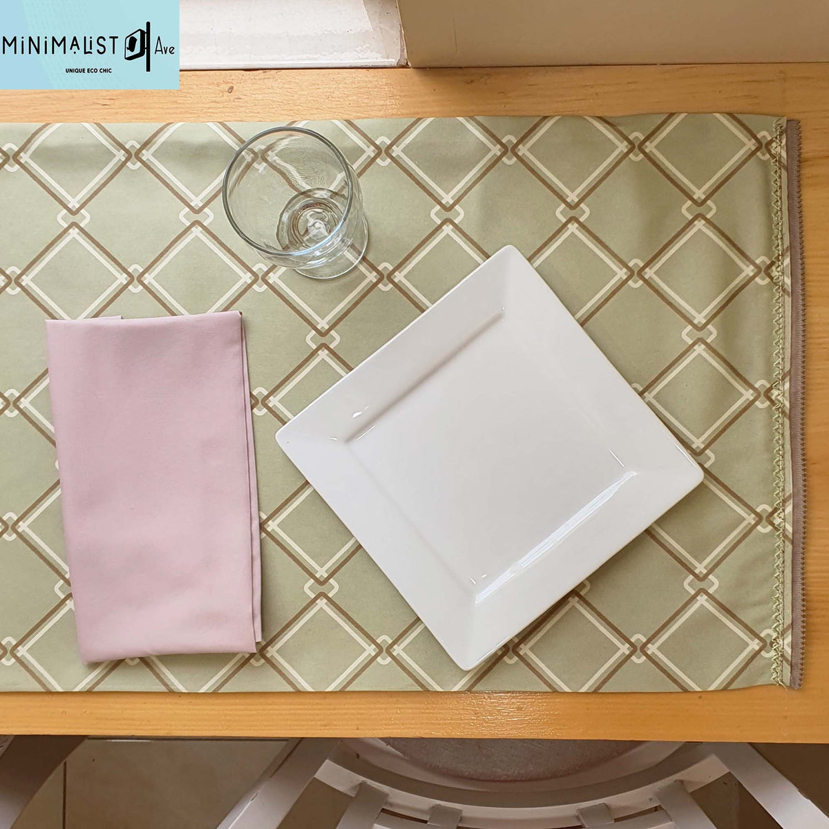 Table runner and napkins, Sage table runner, Olive, Moss, Geometric print, minimalist, custom table runners, recycled, minimalistave, minimalistave.com