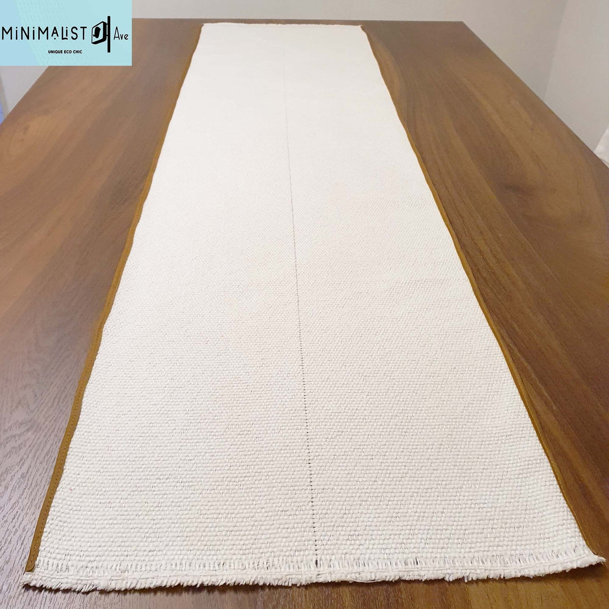 Table runner ivory, woven with anti skid back, table runner, minimalist, off-white, washable, mocha trims,, custom table runners, handmade, recycled, minimalist, minimalistave, minimalistave.com