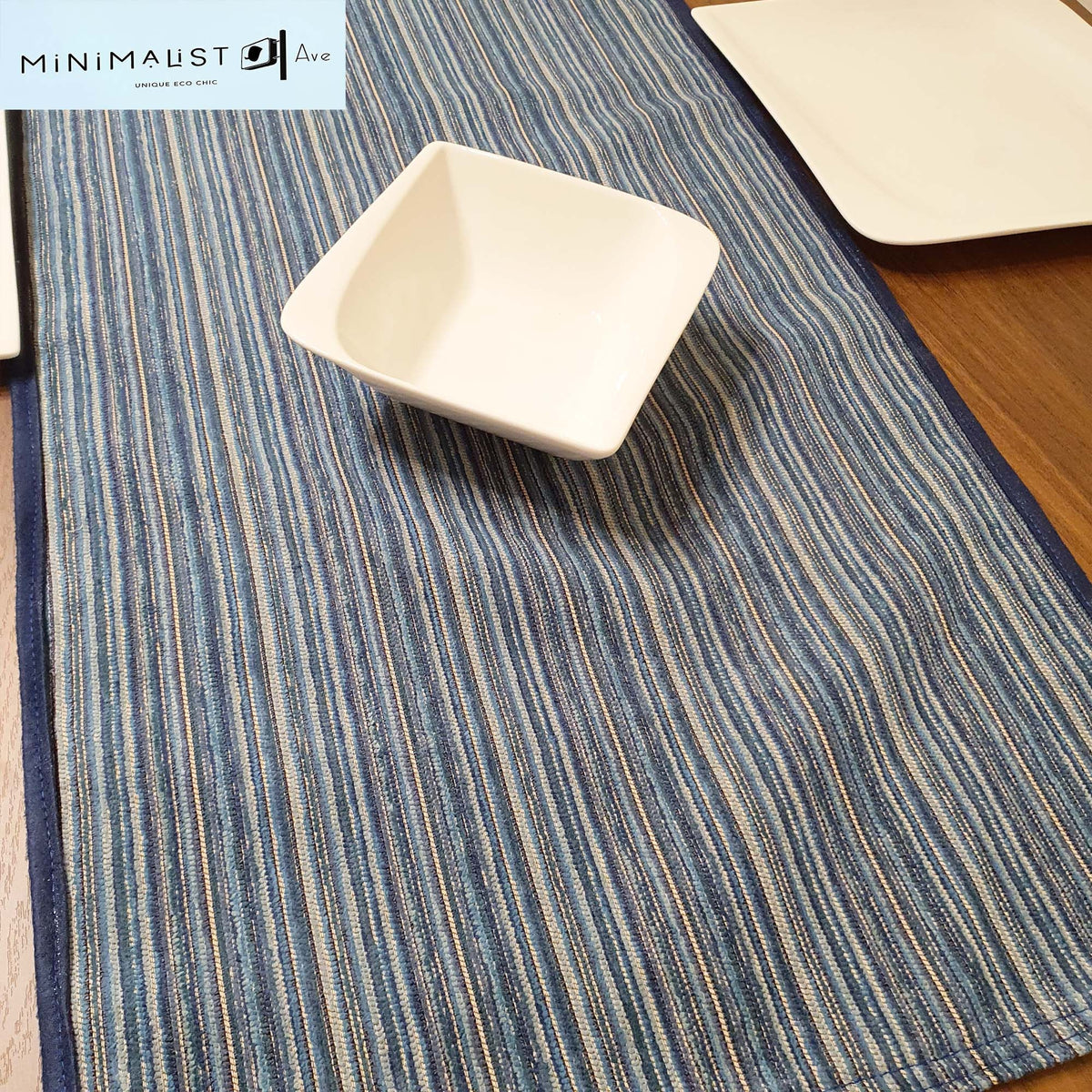 Table runner, reversible, Indigo blue, anti skid back, table runner, minimalist, blue, brown, beige, minimalist ave, minimalistave.com, custom table runners, order custom runners