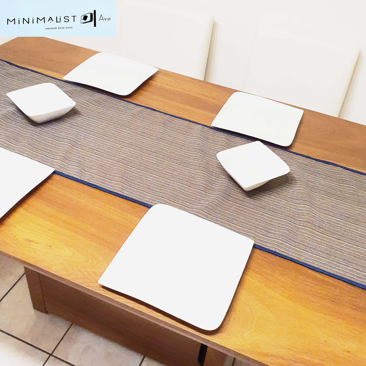 Table runner, reversible, Indigo blue, anti skid back, table runner, minimalist, blue, brown, beige, minimalist ave, minimalistave.com, custom table runners, order custom runners